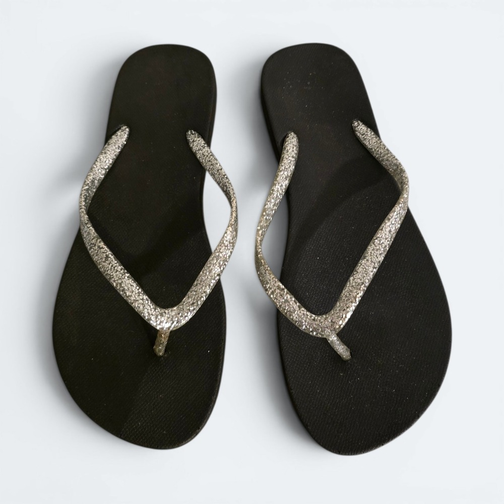 Womens Black Silver Glitter Thong Flip Flop Sandals Size 9-10
